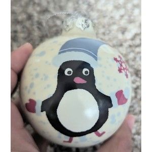 Whimsical Penguin Christmas Ball Ornament - Blue & Pink Accents